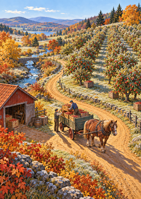 Chestnut horse pulling a wagon of apple crates along a winding lane through an autumn orchard, with workers, a shed, stream, and distant hills.