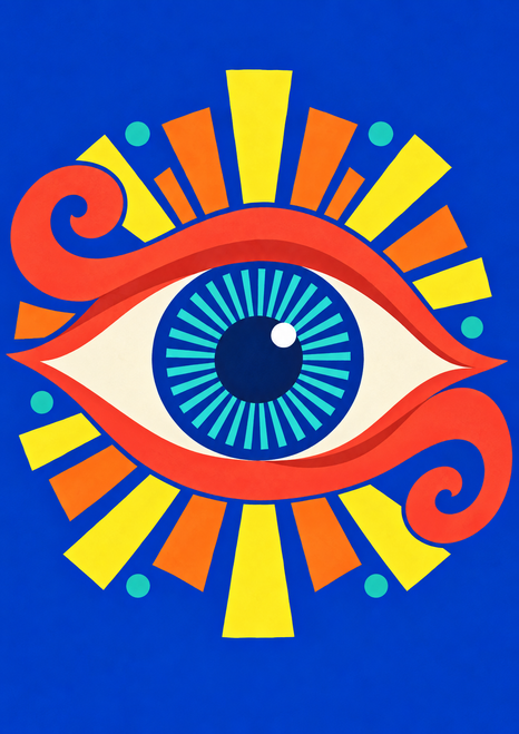 One oversized stylized blue eye with turquoise radial spokes and a white catchlight, framed by curling coral-red forms and yellow-orange rays on a blue field.