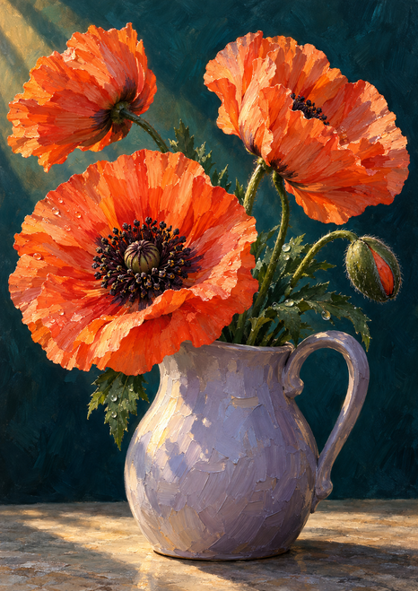 Three coral-orange poppies and an unopened bud in a pale-lilac handled pitcher against a dark teal background.