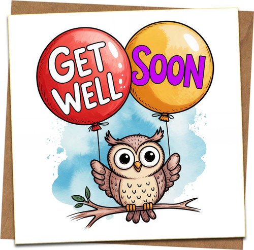 Get Well Soon Owl Balloon Greeting Card - Cute Owl on Branch - 145mm x 145mm Square Card with Kraft Envelope - Cheer Up, Recovery, Thinking of You