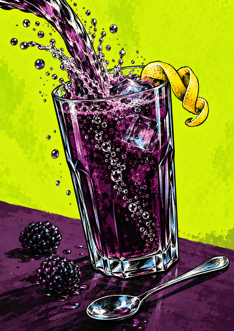 Tall faceted glass of dark purple blackberry soda with ice and an incoming splash, a curled yellow citrus peel on the rim, blackberry clusters and silver spoon on a plum surface against lime.