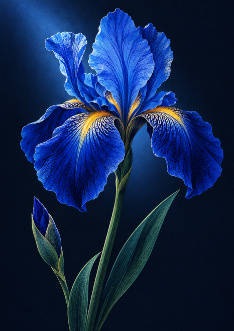 Luminous blue iris with a gold-yellow throat, long leaves, and an unopened bud against a dark blue background.