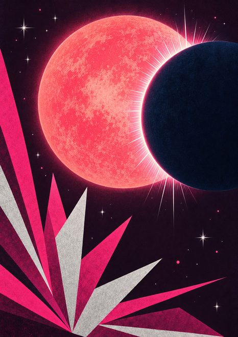 Coral-pink sphere partly eclipsed by a midnight-blue disk, with white rays, star points and an angular pink-and-silver fan below.