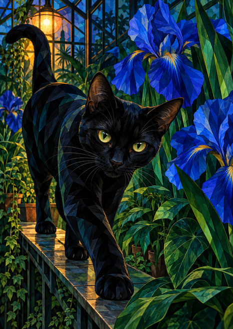 Black cat prowling toward the viewer along a tiled greenhouse bench amid blue irises and foliage, with an amber light behind.