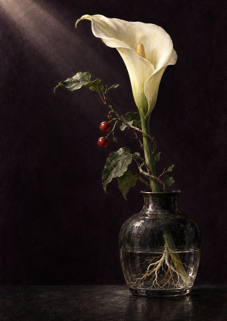 An ivory calla lily and two red berries stand above a dark vessel with pale branching roots visible through its glass-and-water base.
