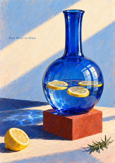 Cobalt-blue carafe with three floating citrus slices on a rust-red plinth, with a cut lemon, rosemary sprig and diagonal light bands.