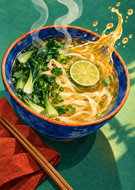 Overhead view of a cobalt bowl with an orange rim filled with lime-topped noodle broth, beside chopsticks and a rust-red napkin.