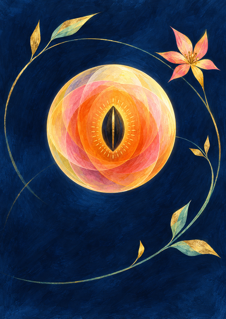 A luminous orange, pink, and yellow orb with a dark seed-like center is encircled by botanical arcs, leaves, and a pink flower.