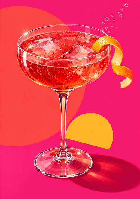 Glossy stemmed coupe with a coral-red drink, ice, bubbles and curling orange peel against a hot-pink background with coral and yellow accents.
