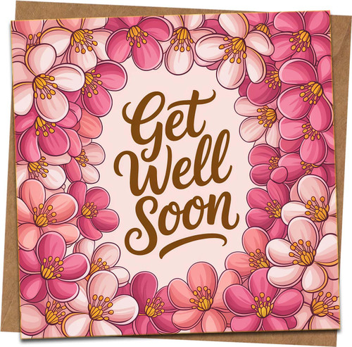 Get Well Soon Greeting Card - Pink Floral Square 145mm x 145mm - Blank Inside - Cheer Up, Recovery, Sympathy Card - Includes Kraft Envelope