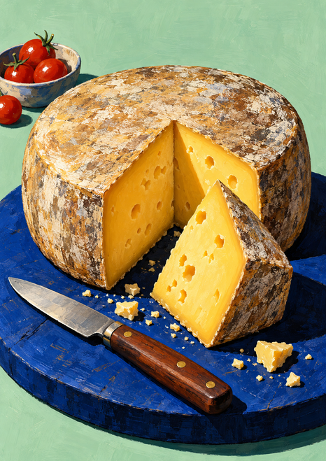 Rustic cheese wheel with a cut wedge, crumbs and a diagonal knife on a blue board, with tomatoes behind.