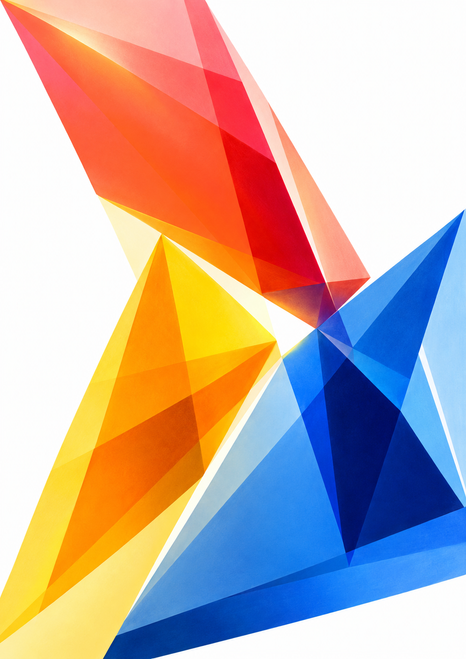 Abstract portrait artwork of crossing coral, amber, and blue angular forms with a bright white opening and ample white space.