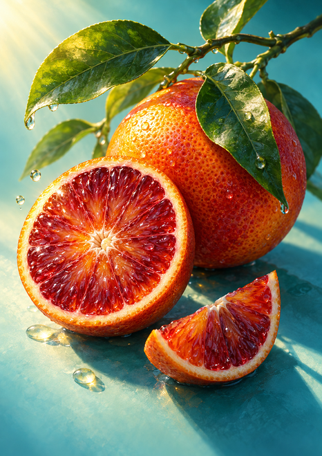 Ruby-fleshed cut orange and small wedge beside a whole orange partly covered by glossy green leaves on teal.