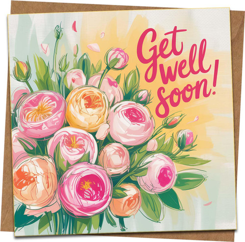 Get Well Soon Greeting Card – Floral Bouquet Illustration – 145mm x 145mm – Blank Inside – Includes Kraft Envelope – Cheer Up, Recovery Card for Women Men Friends
