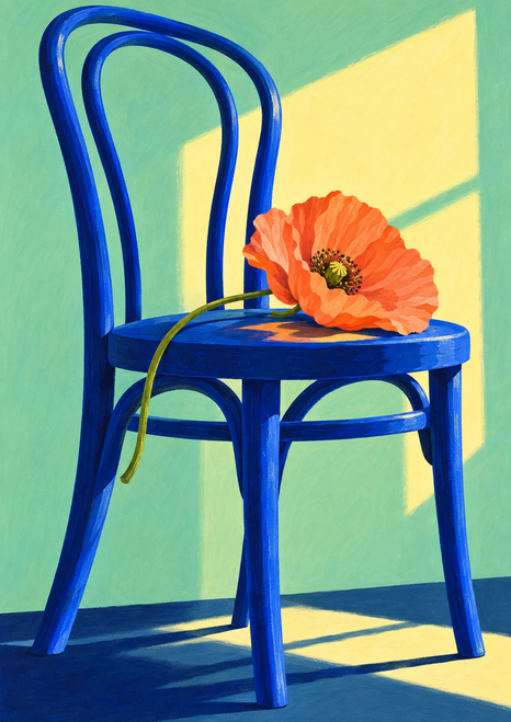 Cobalt bentwood chair with a coral-orange poppy across its seat, against a mint wall lit by a rectangle of sunlight.