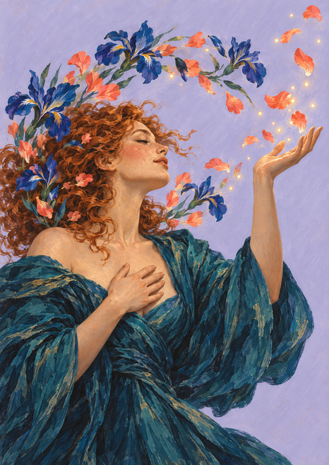 A woman with closed eyes raises one hand toward glowing points and coral petals, surrounded by blue irises and foliage on a pale-lilac ground.