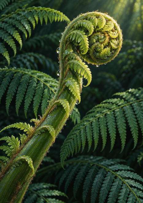 Dew-covered green fiddlehead fern curling into a spiral, with a diagonal stem and mature fronds against a dark green background.