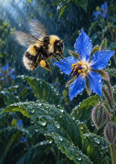 A striped bumblebee with blurred wings hovers beside a blue flower as raindrops glisten on leaves in a dark garden.