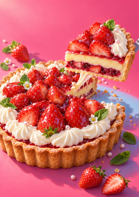 A glossy strawberry tart topped with berries and cream has a slice lifted to reveal custard and red berry filling on a pink surface.