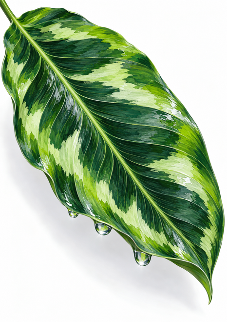 A large glossy green variegated leaf crosses a white background diagonally, with branching veins and three droplets along its lower edge.