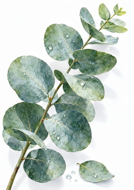 Diagonal watercolor-style eucalyptus spray with rounded blue-green leaves, rain beads, and a detached leaf on a warm-white background.