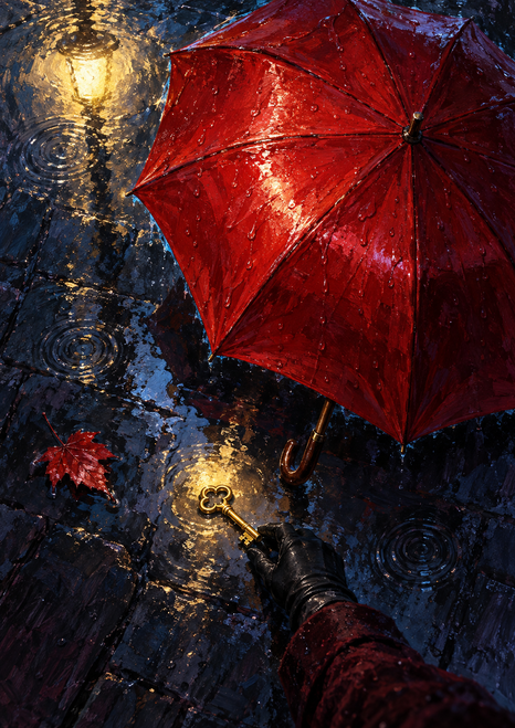 Black-gloved hand reaching toward a golden key in a puddle beneath a large red umbrella, with rain rings and a streetlamp reflection.