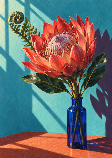 Large coral protea bloom with green foliage and a curled fern arranged in a cobalt-blue glass bottle on a terracotta surface.