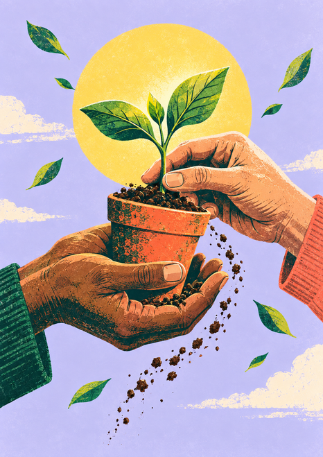 Two hands holding a small terracotta pot with a green seedling, soil falling between them against a lilac background and yellow disc.