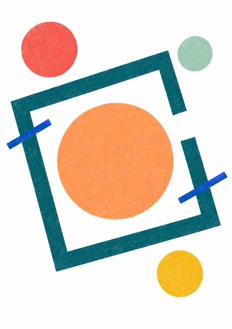 Abstract geometric poster with an apricot circle inside an open tilted teal square, surrounded by smaller colored circles and cobalt bars on white.