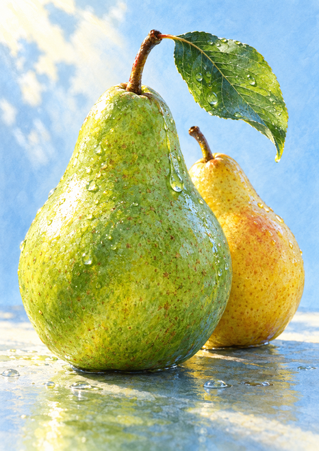 Large green pear in front of a smaller golden pear, with a droplet-covered leaf above and water beads on a reflective surface.