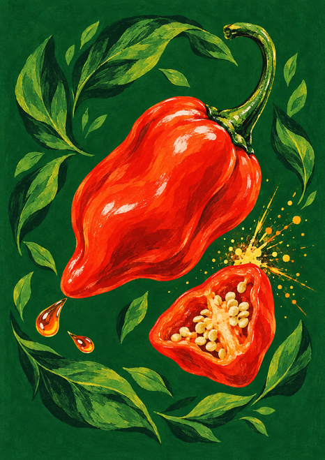 Red-orange pepper with attached green stem above a sliced seeded half, framed by green leaves and yellow-orange specks on a dark green background.