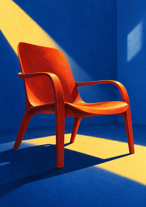 An unoccupied orange-red bentwood-style lounge chair stands in a blue room crossed by yellow sunlight, casting a long shadow.