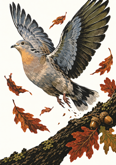 Gray-blue dove-like bird with raised wings flies above a dark oak branch, acorns, and rust-colored leaves.