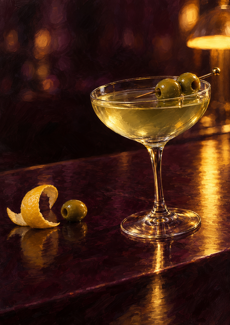 Golden cocktail in a coupe glass with two olives on a pick, citrus peel, and a loose olive on a reflective dark bar.
