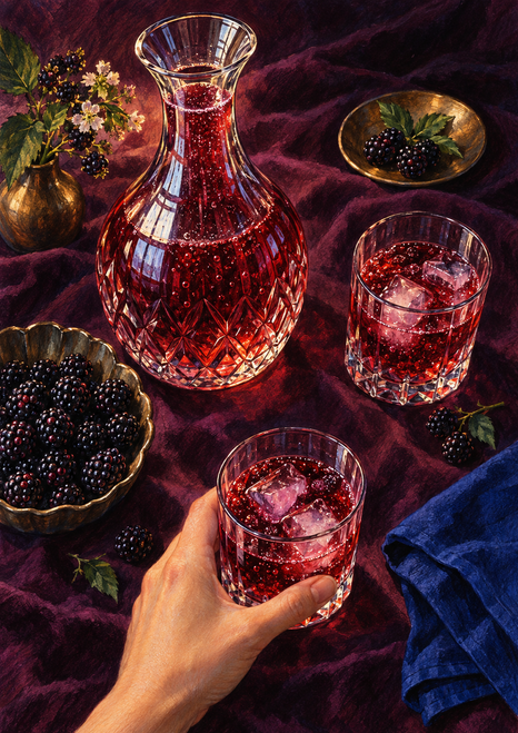 Overhead still life on deep plum fabric showing a cut-glass carafe of ruby drink, two tumblers with ice, bowls of blackberries, a hand holding a tumbler, cobalt cloth, and flowers.
