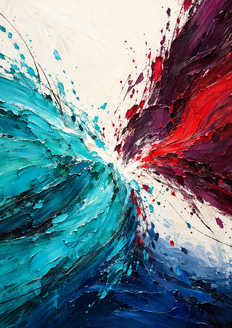 Thick turquoise and plum-scarlet painted currents collide around a bright central opening, with scattered flecks and deep blue along the bottom.