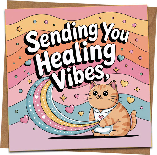 Sending You Healing Vibes Get Well Soon Card – Cute Cat Rainbow Design – 145mm x 145mm Square Greeting Card with Kraft Envelope – Cheer Up, Recovery, Thinking of You