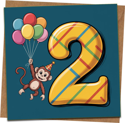 2nd Birthday Card for Kids – Monkey with Balloons & Big Number 2 – Square 145mm x 145mm – Kraft Envelope Included – For Boy Girl Son Daughter Grandson Granddaughter
