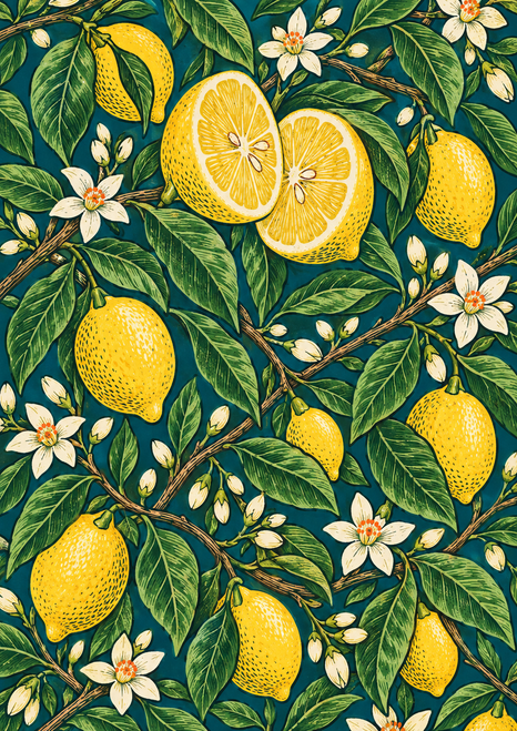 A dense repeating pattern of lemon branches, whole lemons, two cut halves, leaves, blossoms, and buds on a deep teal-green background.