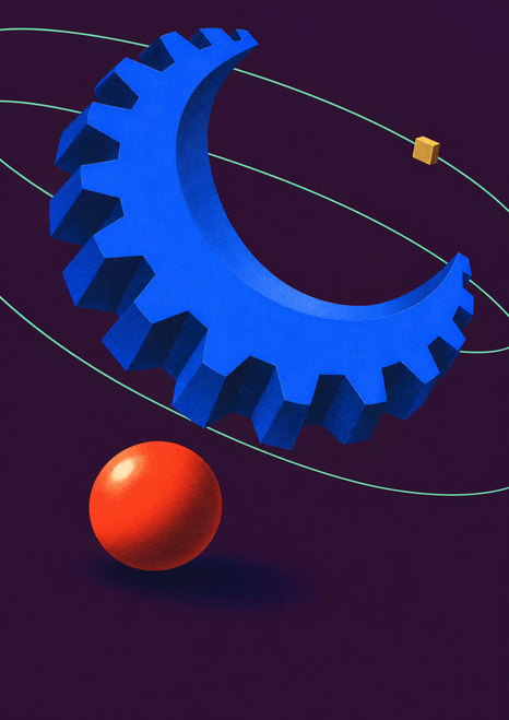 Dimensional cobalt crescent gear floating above a red-orange sphere on a deep plum ground, crossed by curved mint lines and a small gold square.