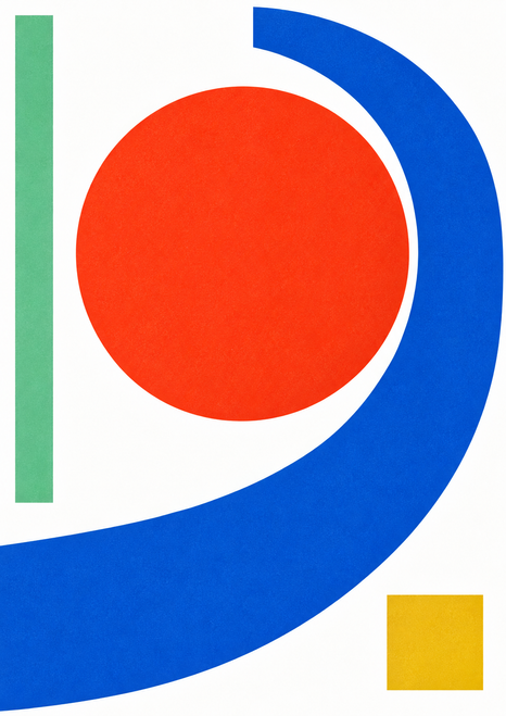 Minimal geometric composition with a vermilion circle partly enclosed by a cobalt arc, plus a mint bar and mustard square on white.