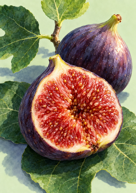 Halved purple fig with a red-pink seeded interior in front of a whole fig and broad green leaves on a pale celadon background.