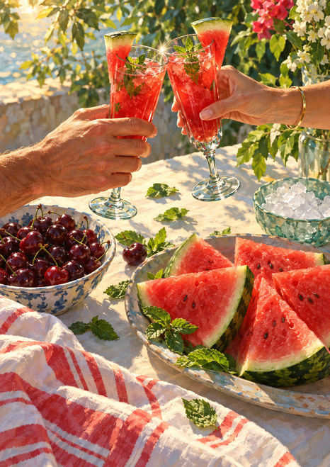 Two hands clink red drinks above cut watermelon, cherries, mint, and a bowl of ice.