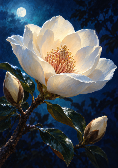 Large ivory magnolia with a pink-gold center, two unopened buds, and glossy leaves against a deep blue background with a bright moon.