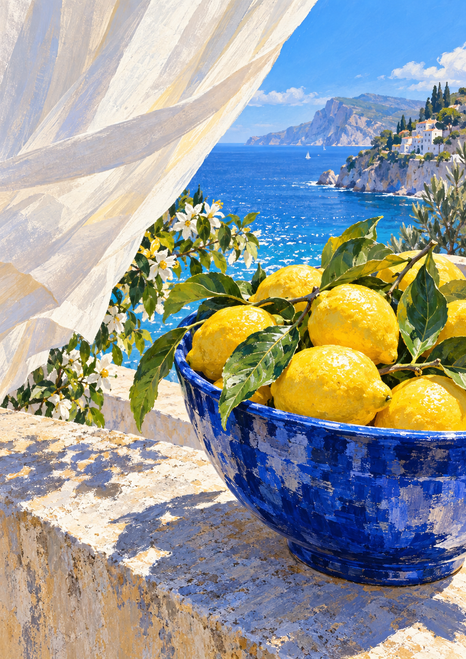 Cobalt-blue bowl filled with lemons and leaves on a sunlit stone ledge, with a flowing curtain, blue sea, headland, and small sailboat beyond.