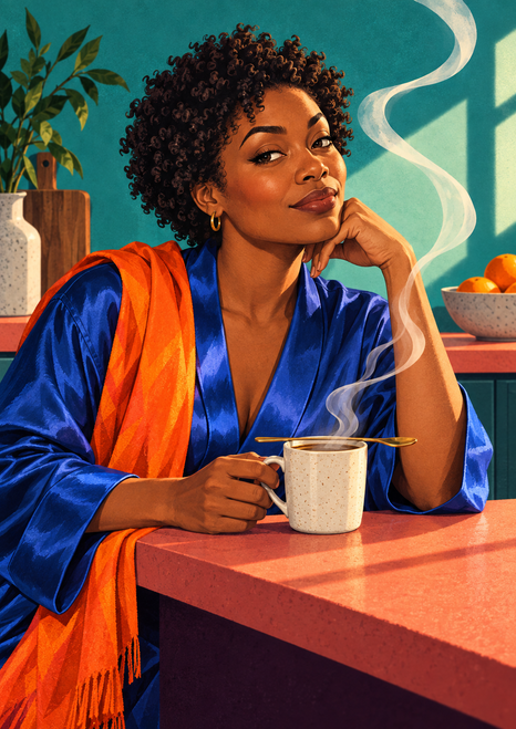 Illustrated woman in a cobalt robe and orange scarf holding a steaming cup with a spoon across the rim at a coral kitchen counter.