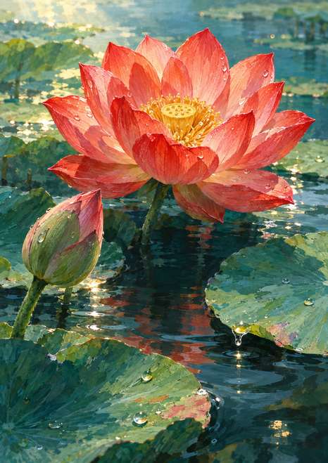 Open coral-pink lotus with a golden center, an unopened bud, lily pads, and droplets above dark reflective water.