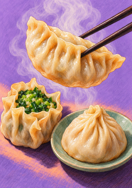Three dumplings against lavender: one between dark chopsticks, one open to show green filling, and one on a celadon-colored plate.