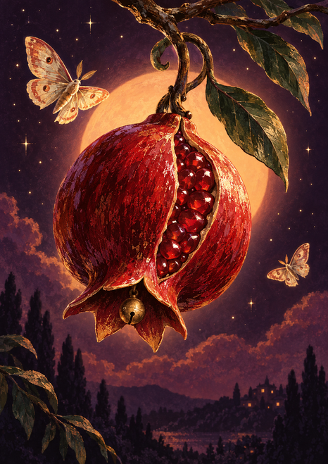 Large split pomegranate hanging from a curling branch with visible ruby seeds, a bell beneath, and two moths against a starry dark sky.