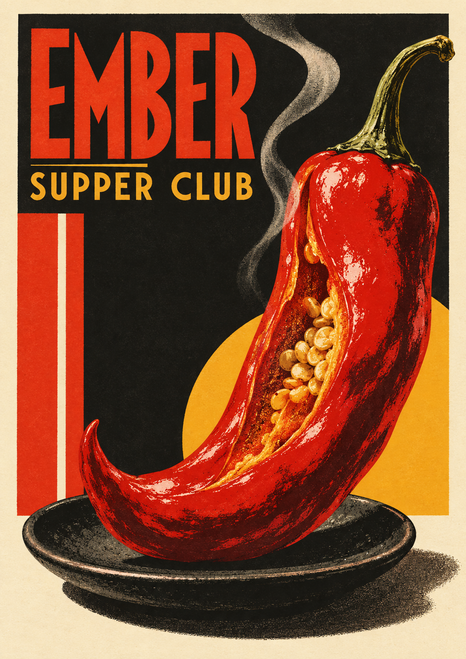 Graphic poster with a glossy red pepper showing golden seeds on a dark plate, with EMBER and SUPPER CLUB lettering.